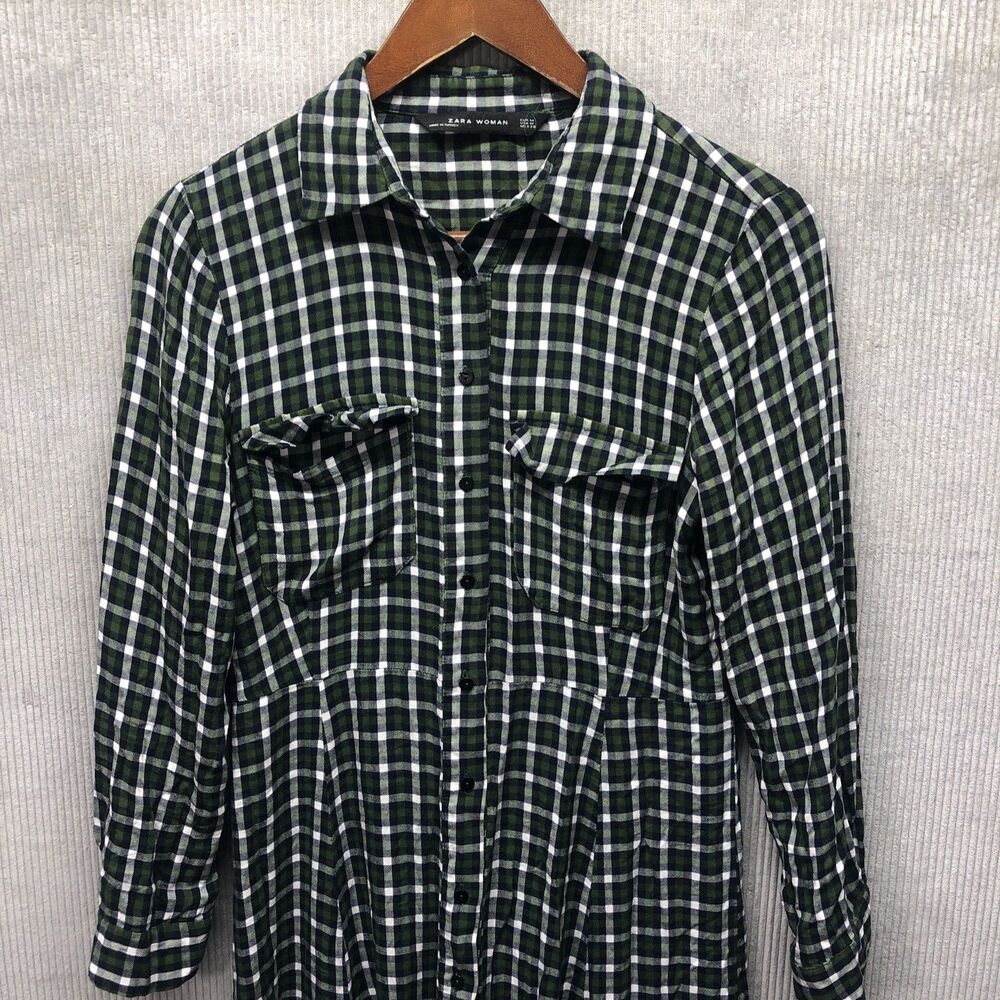 Zara Woman Button Up Maxi Shirt Dress Size M Plaid Green Blue White